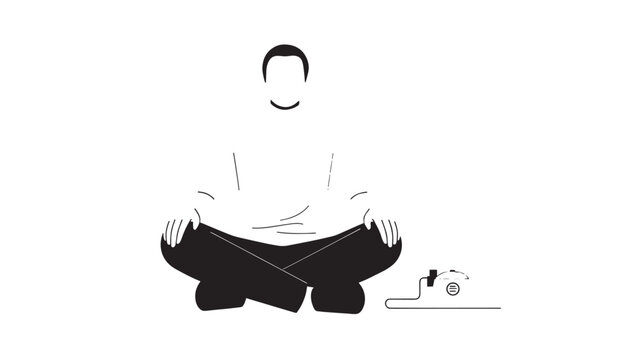 Minimalist Illustration of a Person Meditating in a Cross-Legged Pose with a Small Cat Nearby.