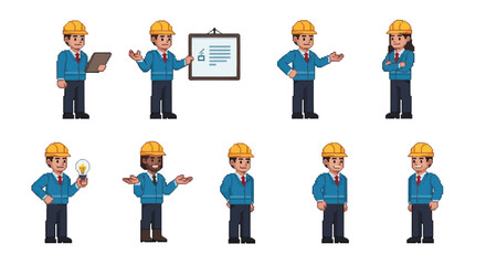 Fototapeta premium Pixel Art Engineering Construction Worker Character Set with Multiple Poses