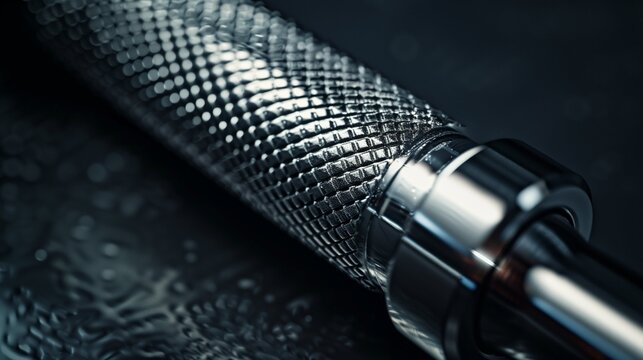 Close up of steel barbell knurling for grip in a gym