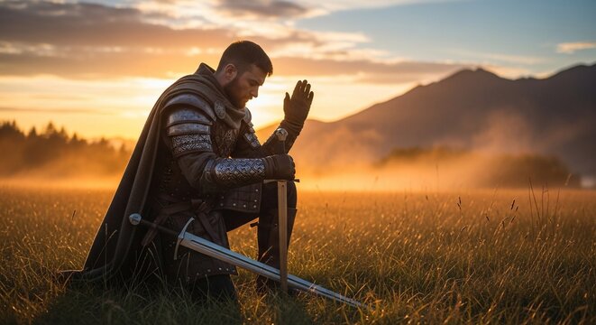 Knight kneeling field sunset