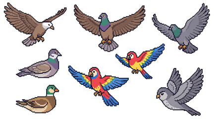 Obraz premium Pixel Art Birds Collection: Diverse Flying Resting Wildlife Avian Illustrations