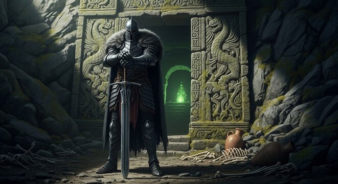 Knight stands guard before ancient door