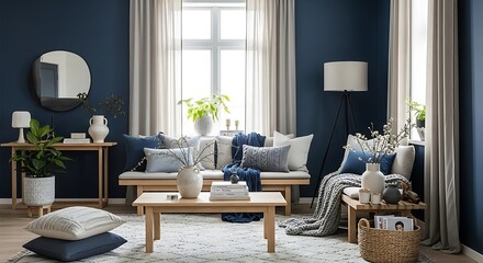 Fototapeta premium A modern living room with a blue accent wall and a comfortable couch