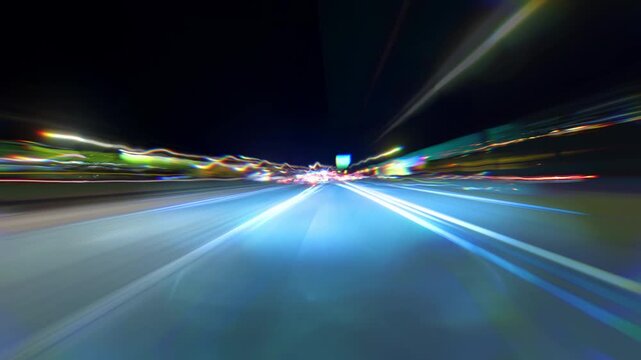 Hyperlapse Night Driving with Colorful Light Streaks on Highway