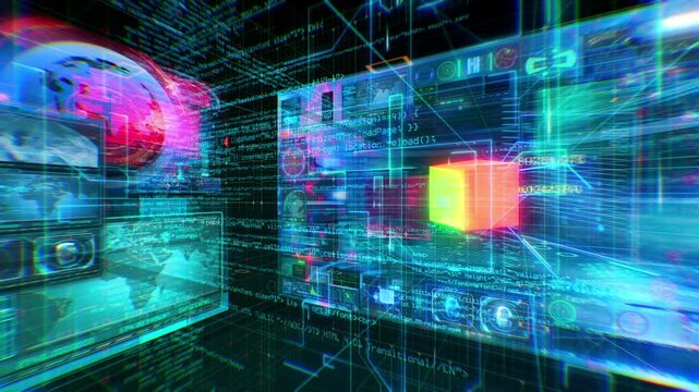 Futuristic Data HUD Matrix with Holographic Interfaces and Streaming Code