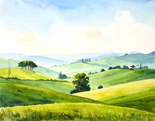 Fototapeta premium Watercolor Landscape Painting of Rolling Green Hills in Tuscany.