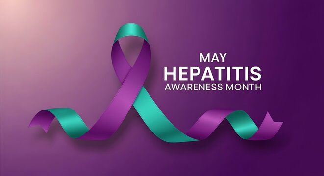 Hepatitis awareness month may banner with purple and teal ribbon