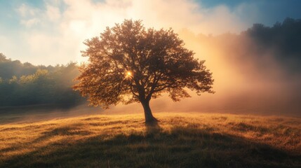 Obraz premium A lone tree stands in a field, bathed in the golden light of the rising sun, with fog swirling around it.