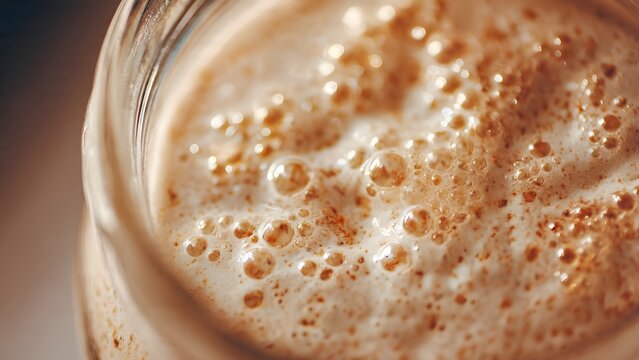 Active Sourdough Starter Bubbles in Glass Jar, Close-up of Fermentation Process and Gut Health Probiotics