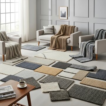 Cozy Living Room with Assorted Rug Samples and Comfortable Furniture.