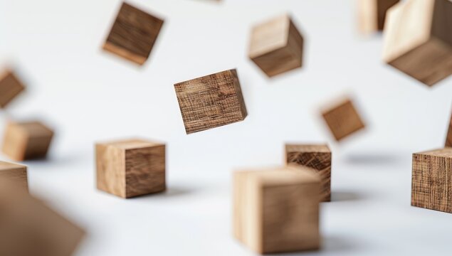 Wooden blocks falling isolated white background motion gravity stack collapse minimal concept clean studio