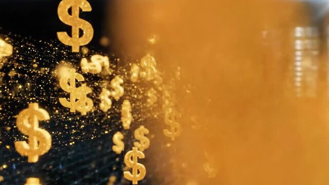 A close-up view of shiny gold dollar signs and coins scattered on a dark reflective surface
