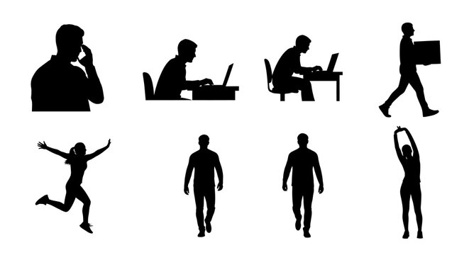 Black  White Silhouette Icons: People in Various Actions, Business, Fitness