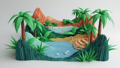 Obraz premium Artistic whisked paper craft landscape photos of a vibrant, serene forest and lake diorama, demonstrating intricate layered design