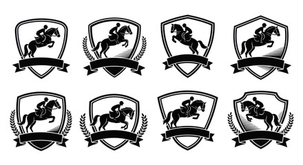 Obraz premium Equestrian Show Jumping Shields Badges Black and White Vector Art