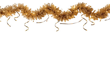 Obraz premium Golden christmas tinsel garland with festive glowing lights and hanging ribbons, transparent background