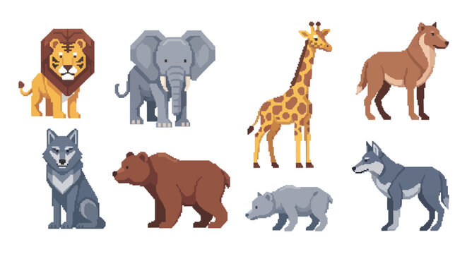 Flat Vector Wildlife Animals Collection: Lion, Elephant, Giraffe, Brown Bear, Wolf, Dhole, Cub