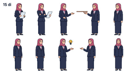 Obraz premium Flat Vector Muslim Businesswoman Character Poses Set for Professional and Business Concepts