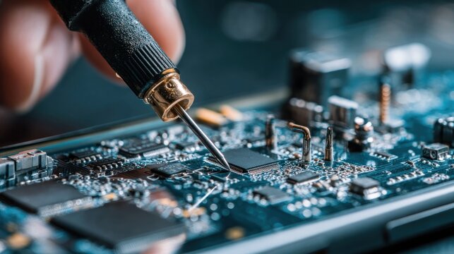 Electronic circuit board being inspected close up