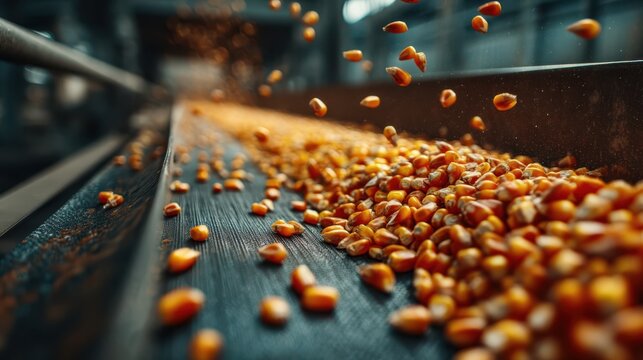 Corn kernels being processed on a conveyor belt in an industrial setting with a shallow depth of field and warm lighting.