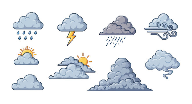 Weather Forecast Pixel Art Icons Set with Clouds, Sun, Rain, Lightning, Wind Symbols