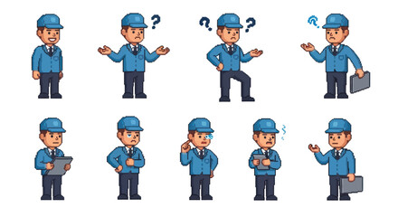 Fototapeta premium Delivery Man Character Poses, Flat Pixel Art Style