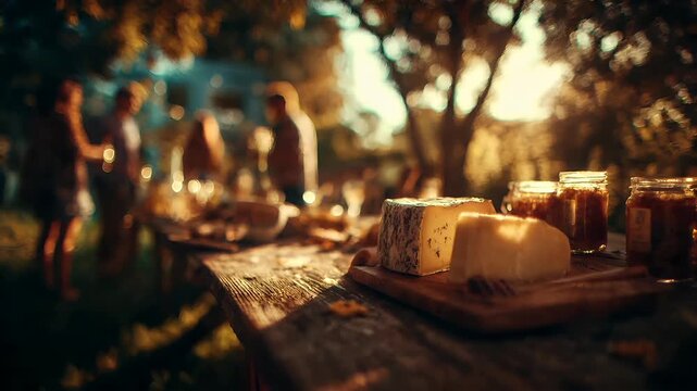 Spring Summer outdoor leisure relaxation activity. A vivid outdoor scene captured during the golden hour. A rustic wooden table holds a variety of cheeses and preserves.