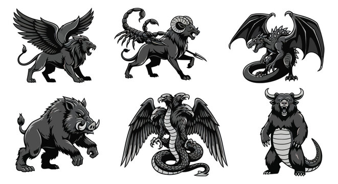 Black and white vector set of fantasy mythical creatures for gaming mascots or tattoos