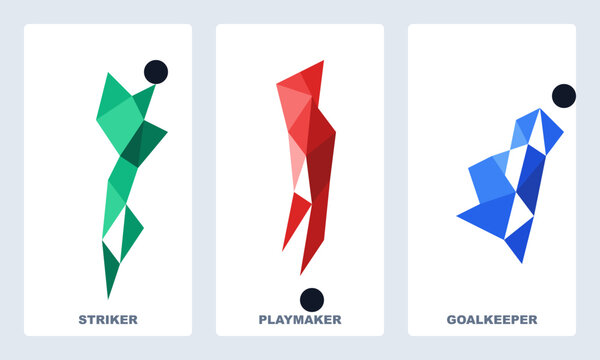 Abstract low poly soccer player position cards for striker playmaker and goalkeeper