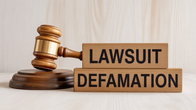 A judge's gavel is placed next to wooden blocks clearly spelling out the legal terms "LAWSUIT" and "DEFAMATION", indicating a formal court proceeding.