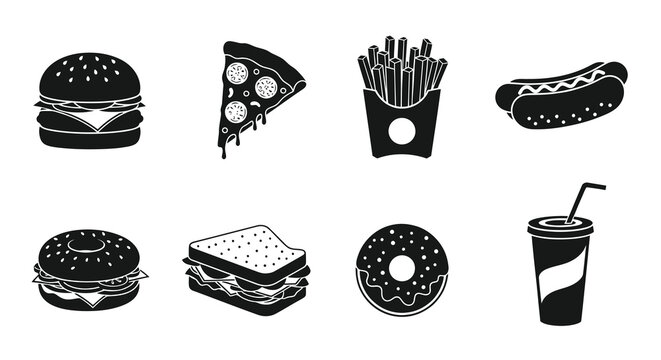 Black Glyph Fast Food Icons Set - Burger, Pizza, Fries, Hot Dog, Donut, Sandwich, Drink