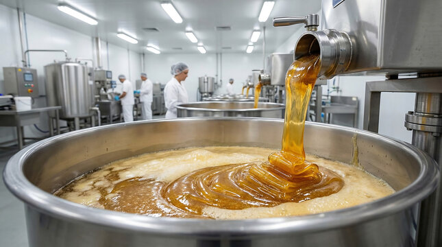 Golden liquid processing in a modern industrial food production facility, showcasing industrial equipment and worker activity.