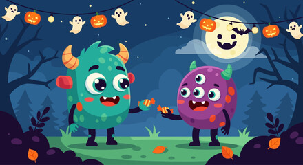 Fototapeta premium Cute monsters sharing candy on Halloween night with pumpkins and ghosts