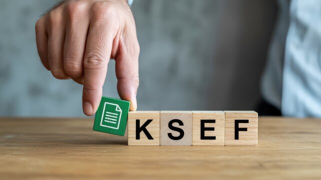 A person's hand places a document icon block with the letters KSEF, symbolizing file management and organization in a professional setting.