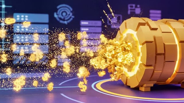 A futuristic digital interface with glowing gold coins and various icons on a dark background