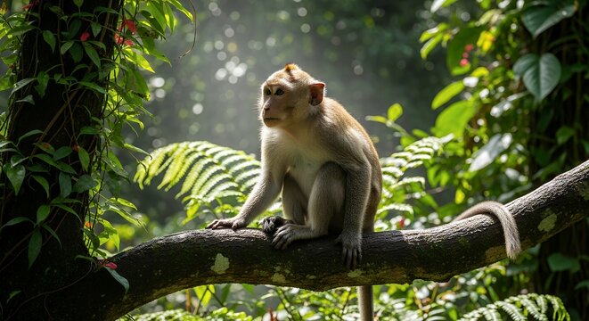 Monkey on Tree Branch in Lush Jungle