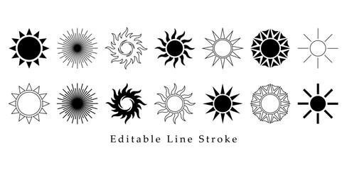 Obraz premium Collection of Minimalist Sun Symbols and Starburst Vector Icons - Black Silhouette Sunburst Shapes with Various Ray Designs on White Background for Modern Logo, UI, and Graphic Design Branding