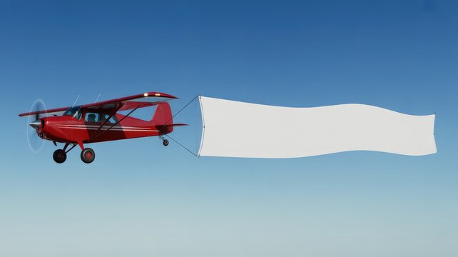 Red airplane towing an empty white banner across a clear blue sky for advertising, marketing, and promotional messages.