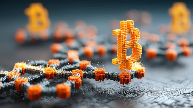 Bitcoin quantum integrity grid seamless loop animation, blockchain network node system with icon concept for decentralized trust corporate technology background.