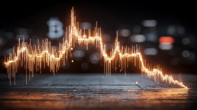 Bitcoin quantum indicator seamless loop background, technical indicator waveform instability animation with glowing data spikes for cryptocurrency market volatility corporate presentations.