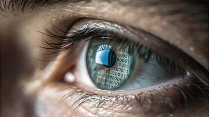 Naklejka premium A close-up view of an eye with binary code reflecting in the iris. The iris of the eye is a striking blue-green color.