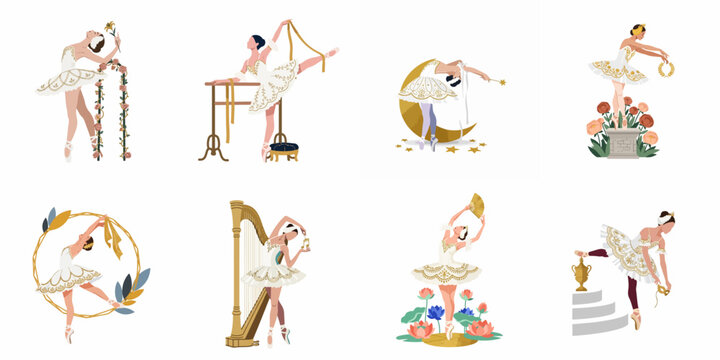 Set of elegant ballerina illustrations in white and gold tutus, performing various dance poses with floral, musical, and whimsical elements on a white background.