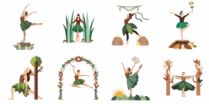 Set of flat vector illustrations of a ballerina in a leaf tutu dancing amidst various nature and woodland elements like trees, flowers and mushrooms.