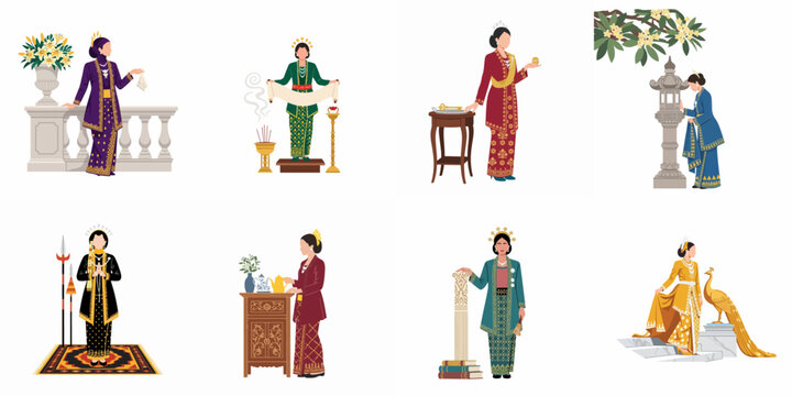 Set of Indonesian women in traditional kebaya attire depicting various cultural scenes and heritage ceremonies in elegant vector illustration style.
