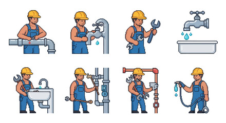 Fototapeta premium Plumber icon set, construction flat style, repair and maintenance