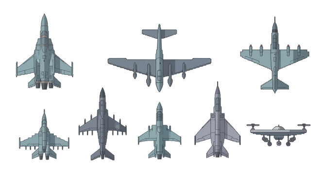 Retro Pixel Art Military Aircraft Set Top Down Fighter Jets Bombers and Drone Vector Illustration