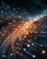 Fototapeta premium Illuminated Fiber Optic Cables: An abstract representation of interconnectedness, as shimmering light travels through a network of fiber optic cables. It symbolizes modern data transfer, network.
