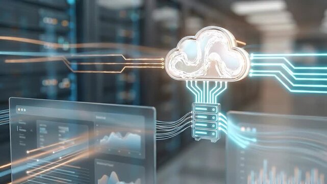 Seamless loop cloud computing data flow animation, digital infrastructure processing background.
