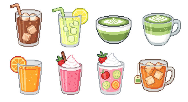 Pixel Art Collection of Refreshing Drinks and Teas