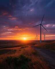 Obraz premium Wind Turbines at Sunset: Majestic wind turbines stand tall against a fiery sunset, symbolizing sustainable energy and a greener future.